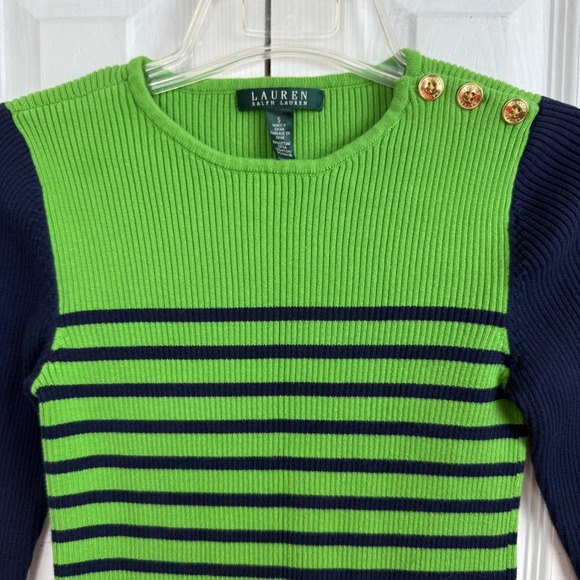 Lauren Ralph Lauren Green Navy Ribbed Equestrian Sweater Gold Buttons - Picture 2 of 5